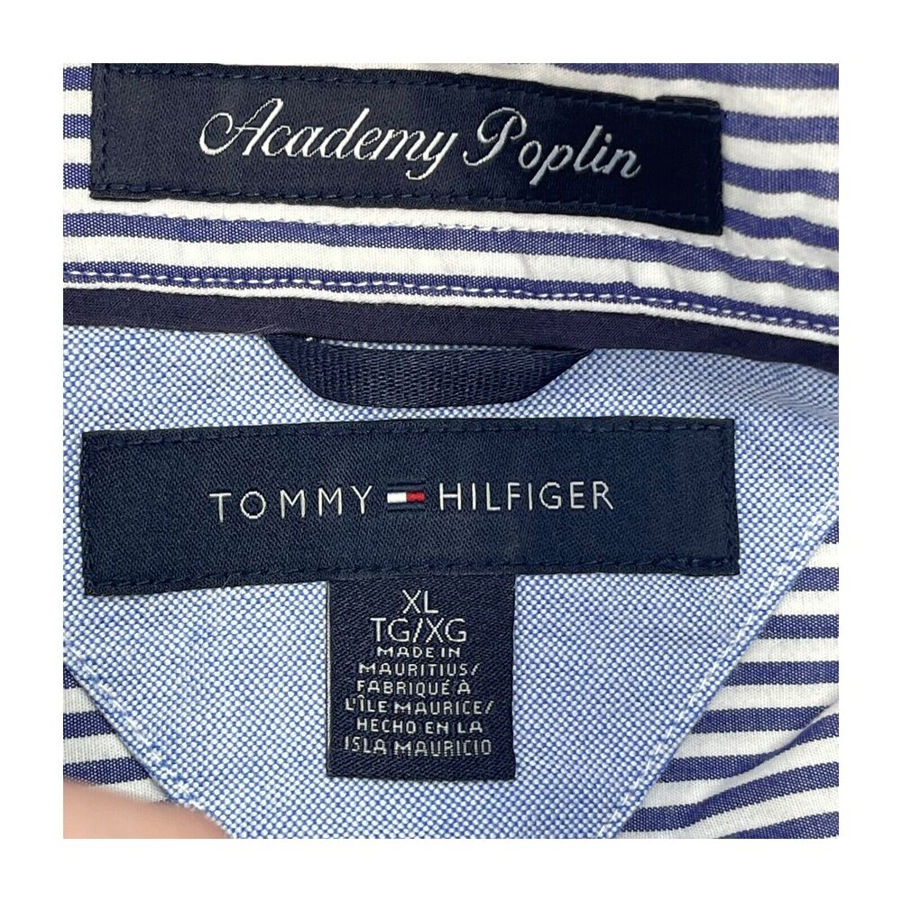 Tommy Hilfiger Frankie Poplin Shirt Men XL Navy White Striped Cotton Button-Down - Picture 2 of 7
